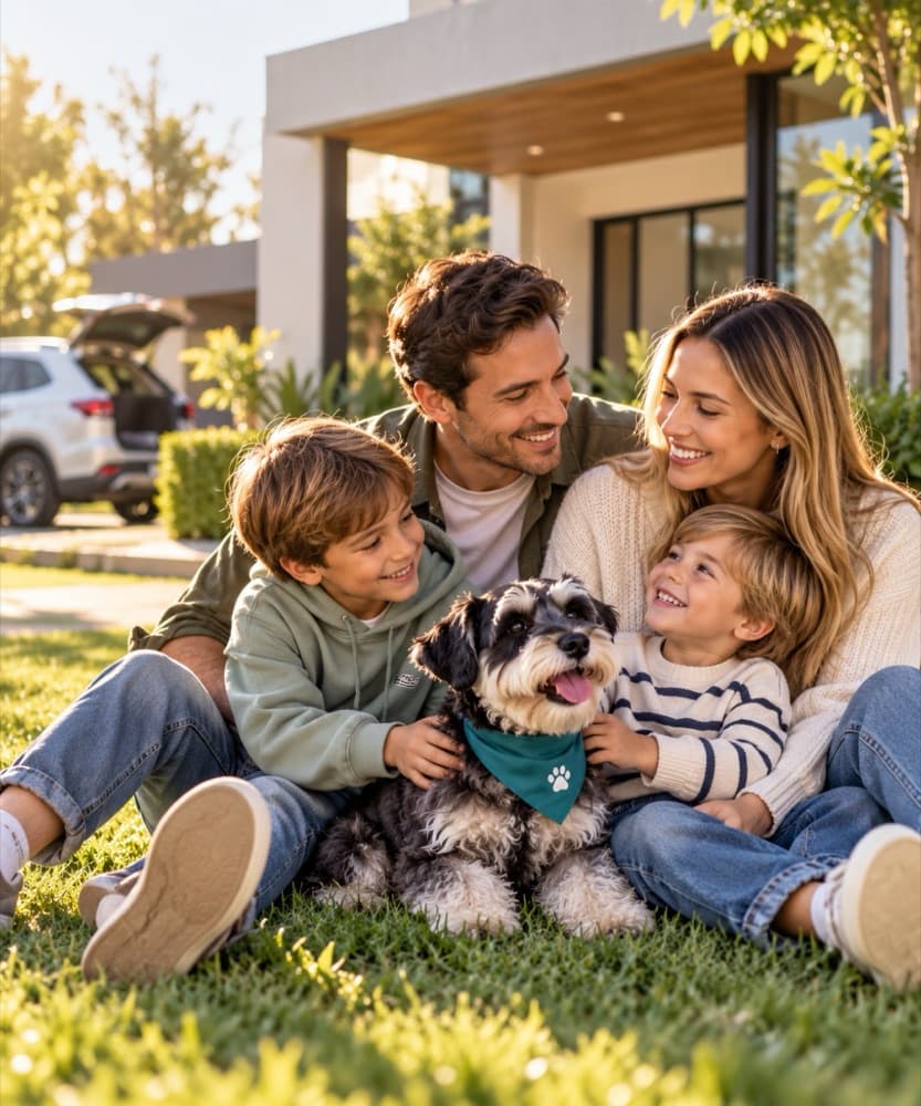 Familia feliz junto a Gio, la mascota de Virgo, frente a su casa