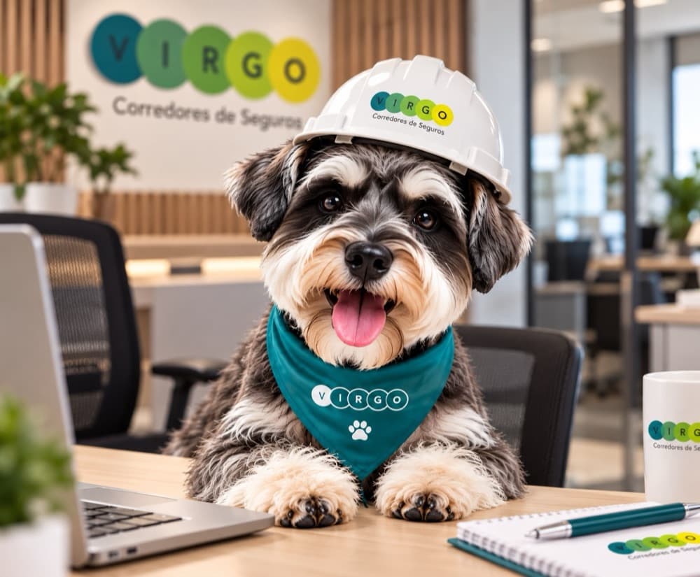 Gio, la mascota de Virgo, en la oficina con casco corporativo